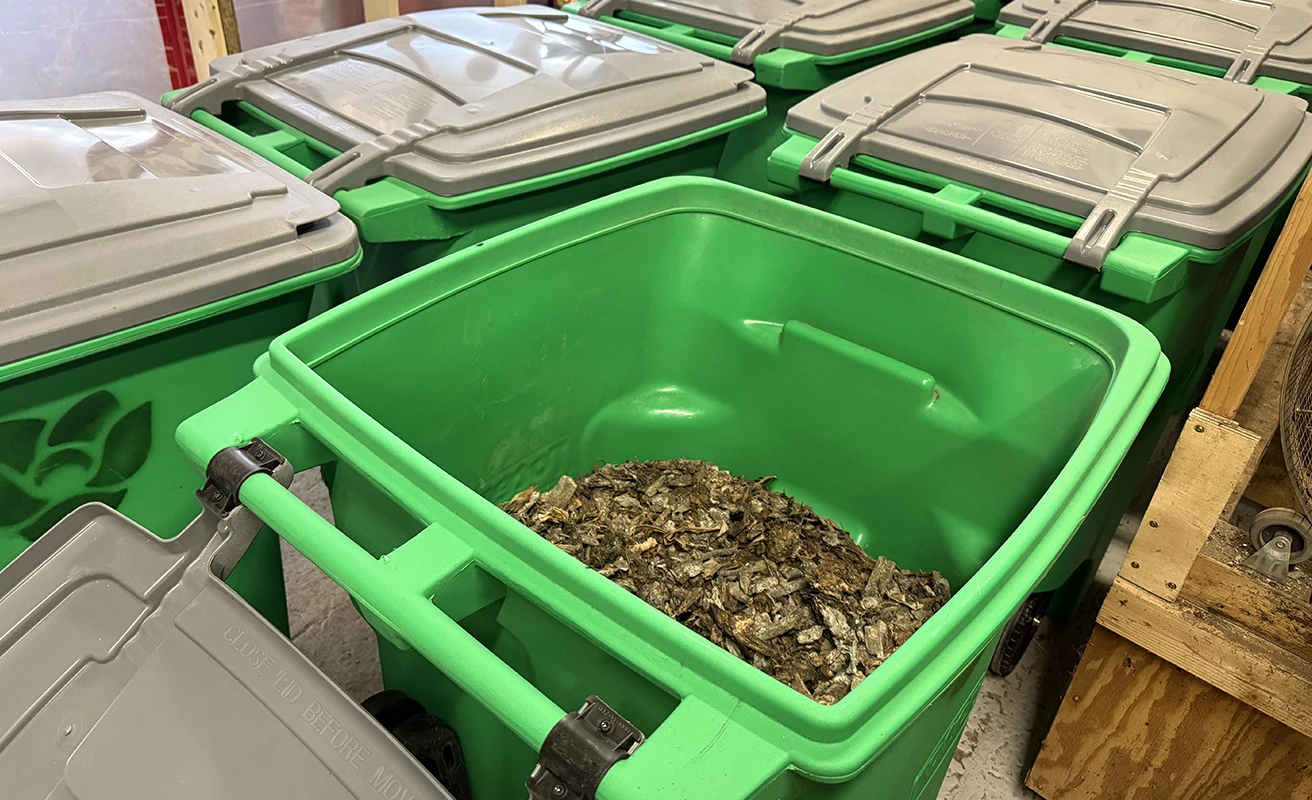 Bin filled with recycled wood chips