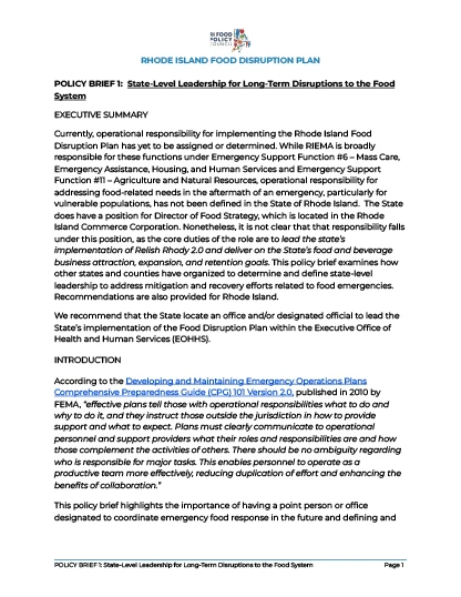 Setting The Table - RI Priorities and Action Tools for Rhode Island Food Disruptions - 2024
