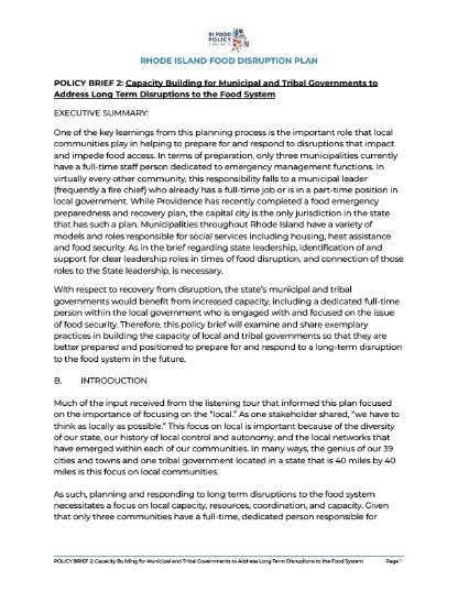 POLICY BRIEF 2 Capacity Building for Municipal and Tribal Governments to Address Food Access Disruptions