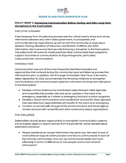 POLICY BRIEF 3 Enhancing Communication Before, During and After Long Term Disruptions to the Food System