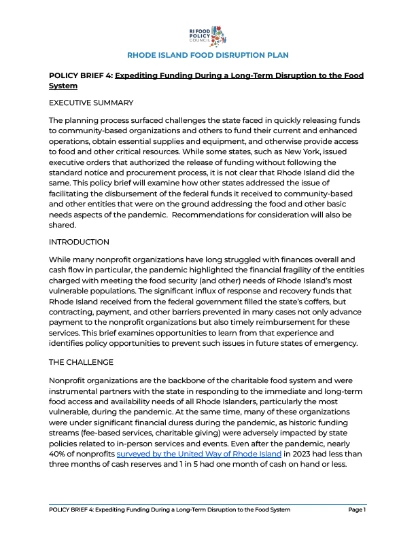 POLICY BRIEF 4 Expediting Funding During a Long Term Disruption to the Food System